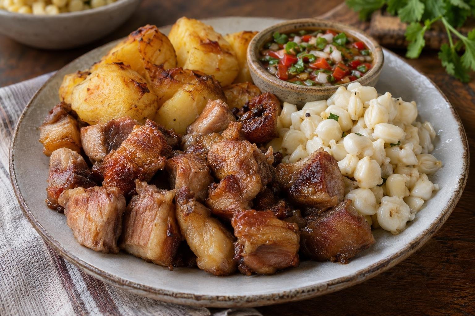 Frito pastuso nariñense con trozos de cerdo dorado, papas, mote cocido y ají rojo servido aparte.