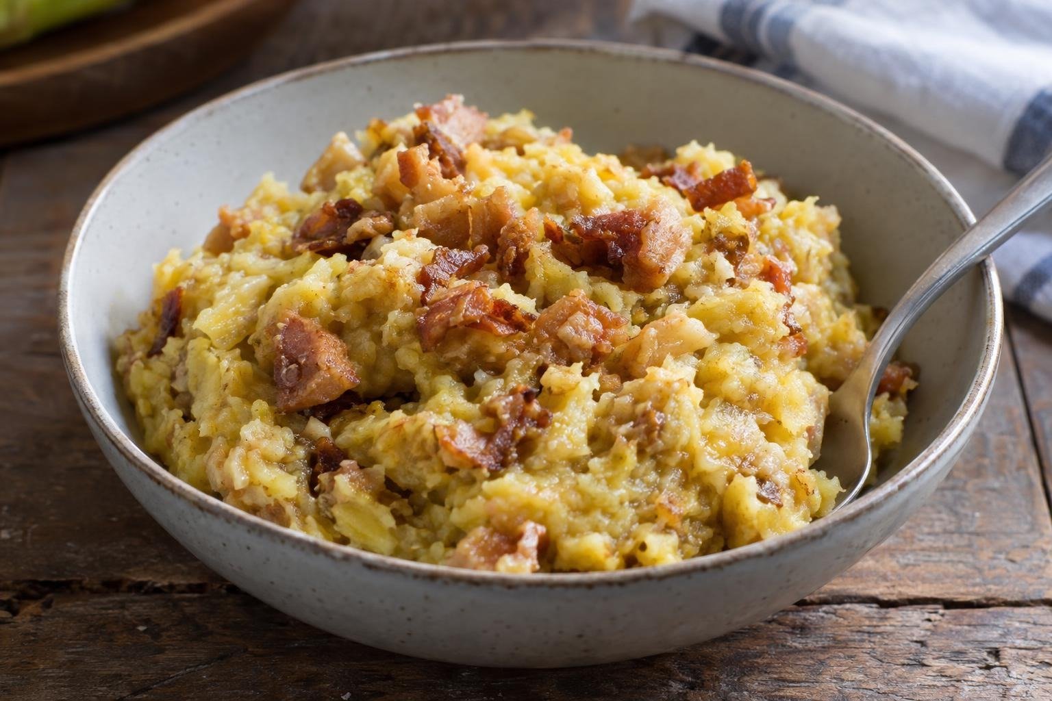Fufú de plátano cubano suave con ajo y trozos de chicharrón dorado servido en un cuenco.