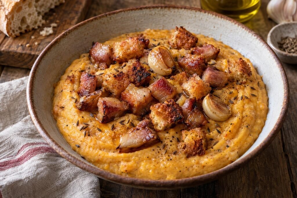 Plato hondo de gachas manchegas cremosas con papada de cerdo dorada, ajo y dados de pan tostado.