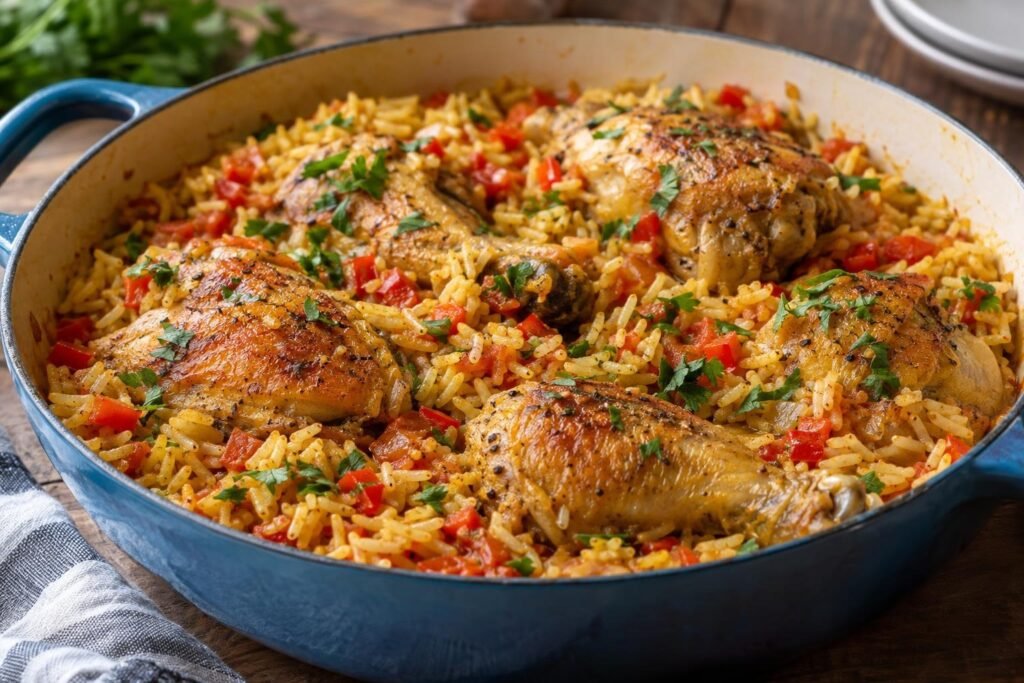 Galinhada brasileña servida en una olla amplia, con pollo dorado sobre arroz amarillo, tomate, pimiento y perejil