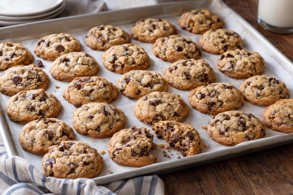 Galletas tipo Chips Ahoy caseras con chispas de chocolate, bordes dorados y centro tierno servidas en una bandeja.