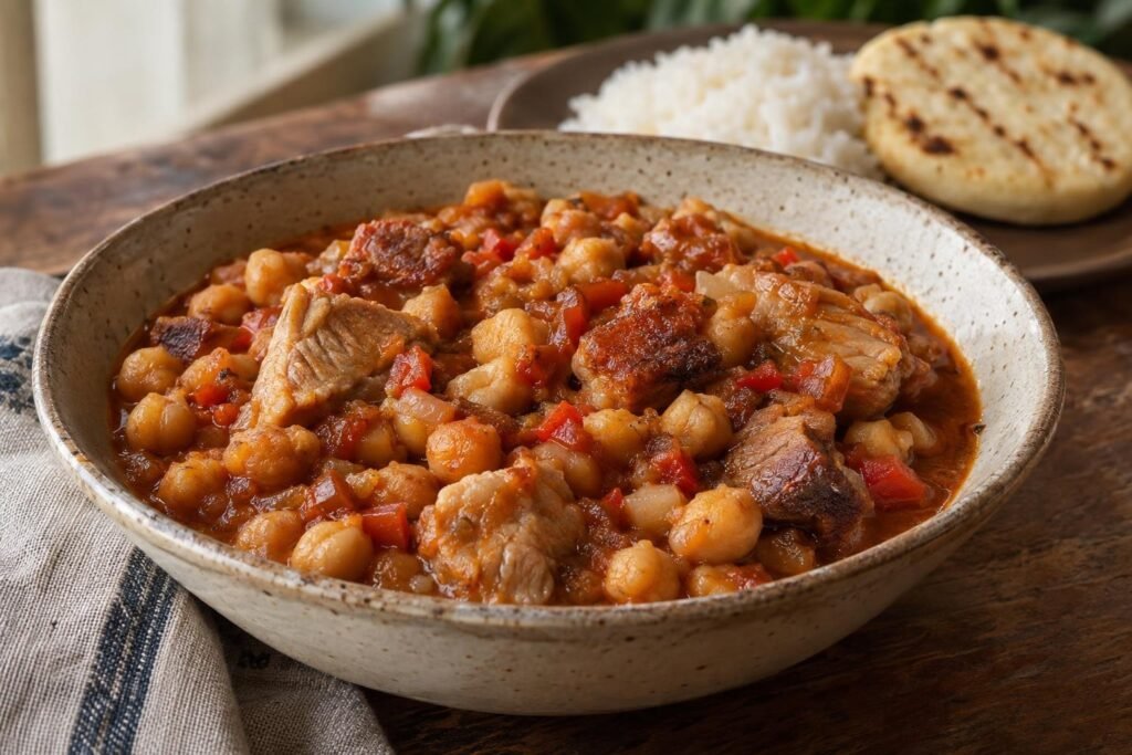 Plato de garbanzos paisas guisados con cerdo, chicharrón carnudo y sofrito de tomate y pimentón, acompañado de arroz blanco y arepa.