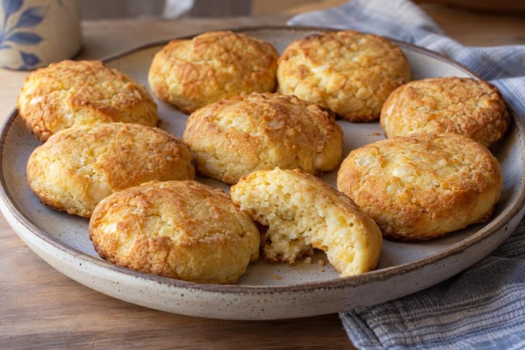 Garullas boyacenses de maíz y queso horneadas, doradas en los bordes y tiernas por dentro, con una pieza partida sobre un plato.