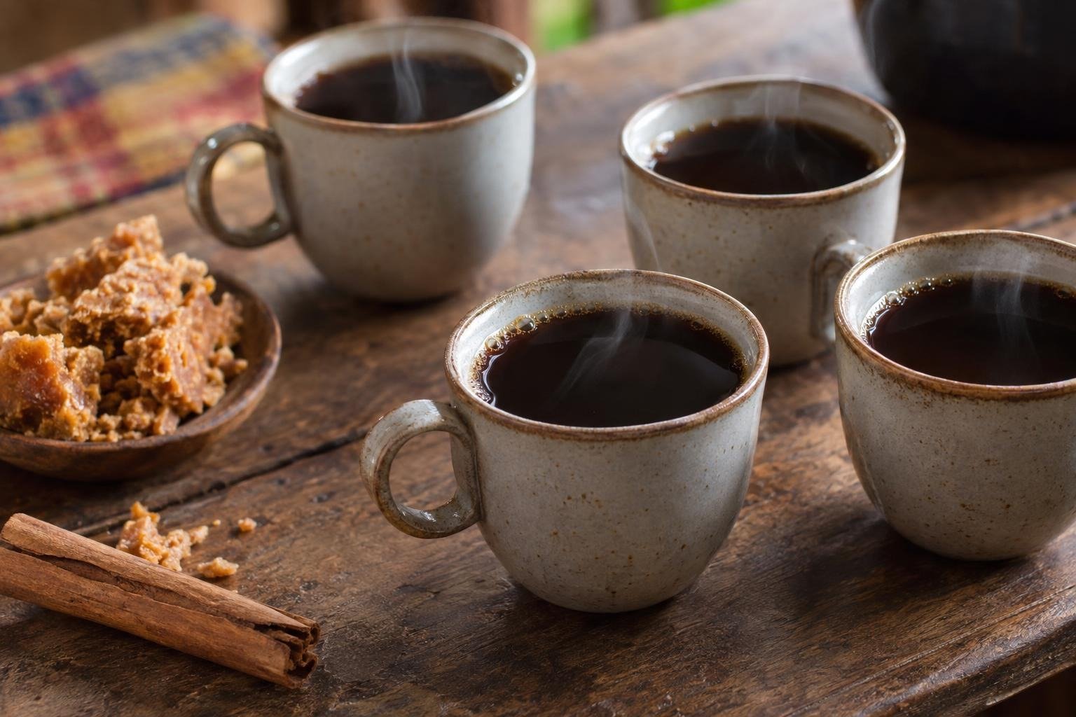 Cuatro tazas de guarulo llanero colombiano, café oscuro caliente con panela y canela, servido sin leche.
