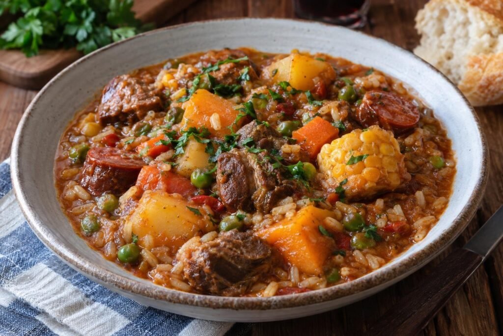 Plato hondo de guiso a la uruguaya con carne de res, cordero, chorizo, verduras, arroz y perejil.