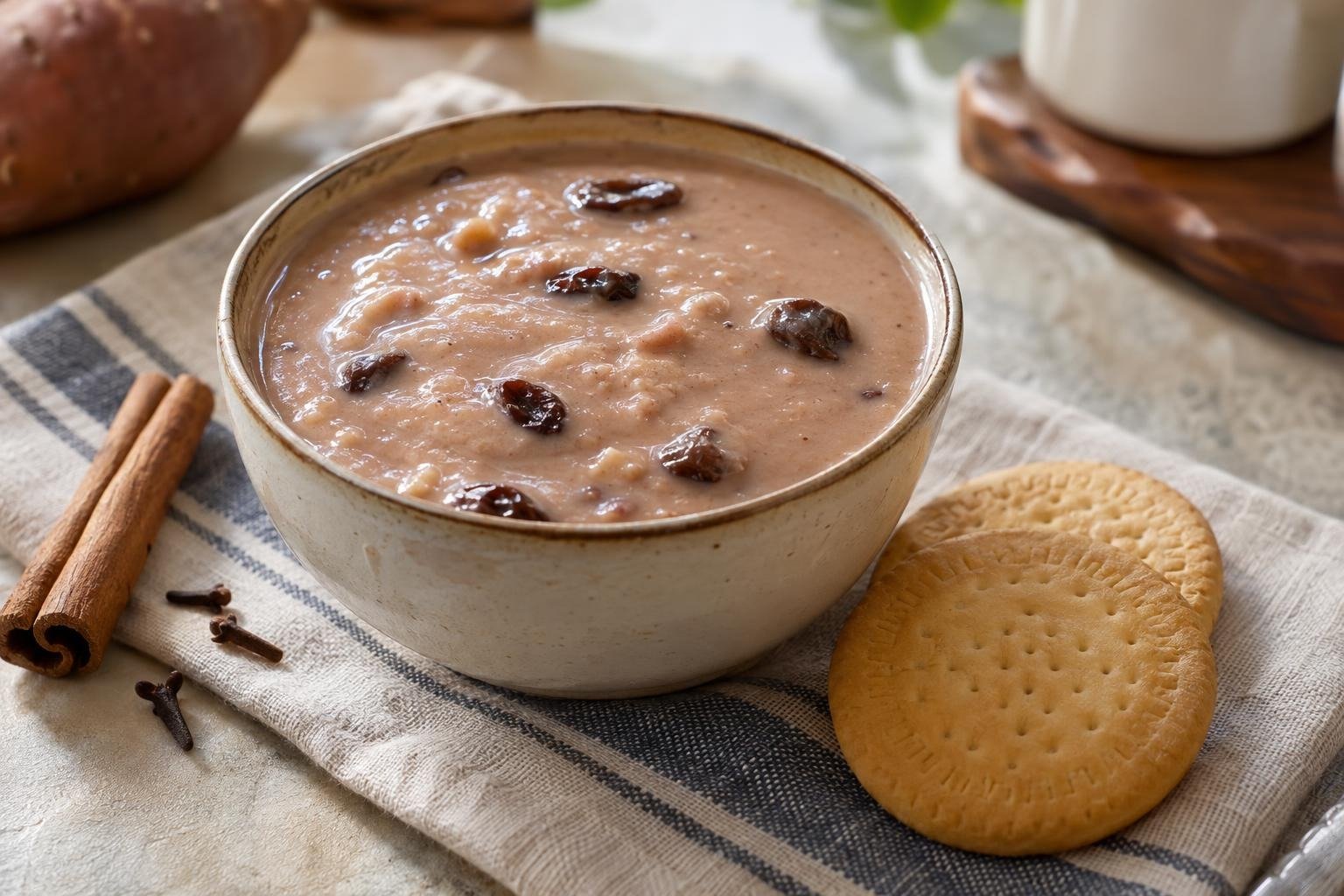 Tazón de habichuelas con dulce dominicanas cremosas con pasas, canela y galletas de leche al lado.