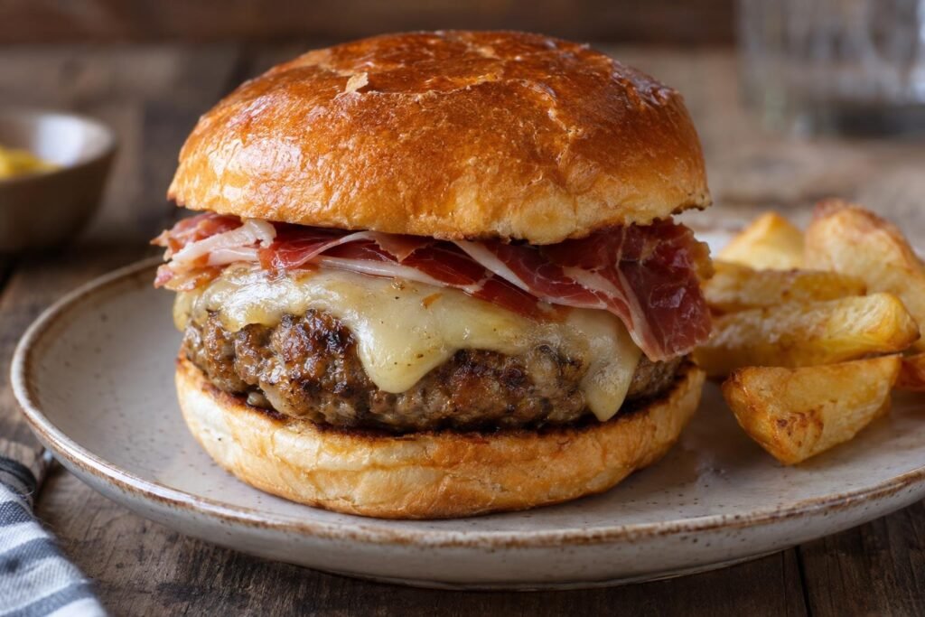 Hamburguesa de ternera y cerdo con queso manchego fundido y jamón ibérico en pan tostado.