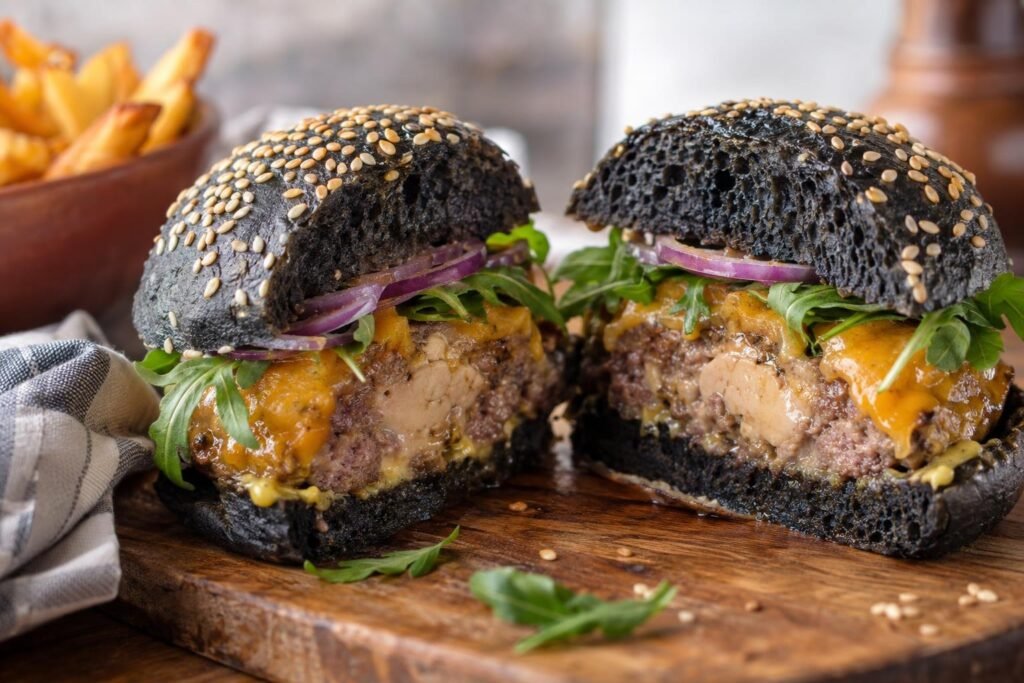 Hamburguesa negra de pan con tinta de calamar, ternera rellena de foie, cheddar, rúcula y cebolla morada