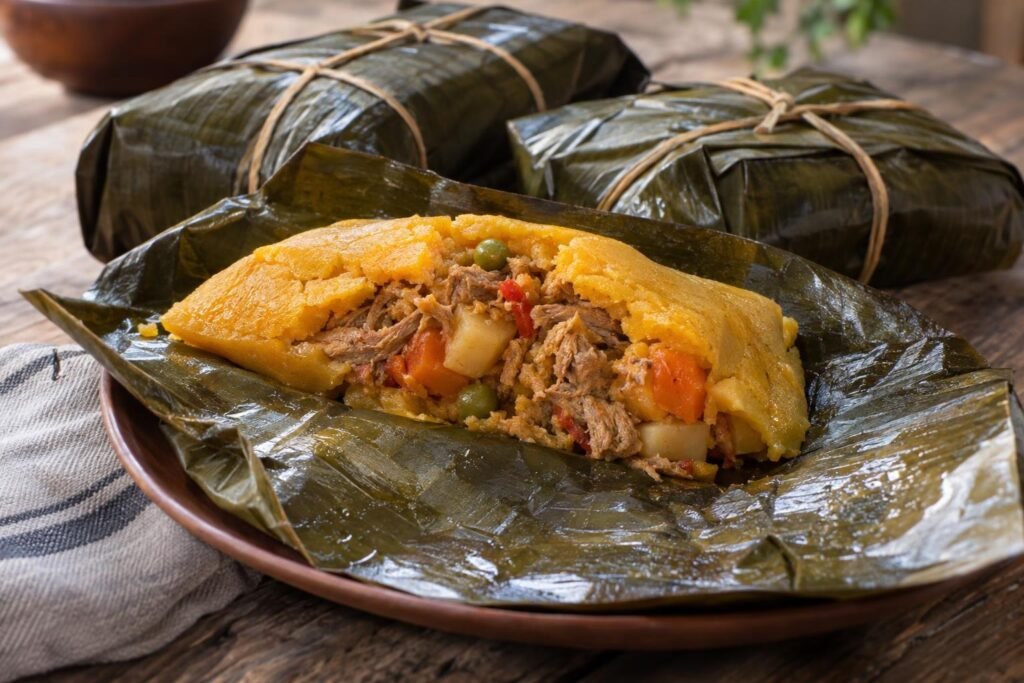 Hayacas llaneras colombianas de masa de maíz y relleno de carnes y verduras, envueltas en hojas y servidas calientes.
