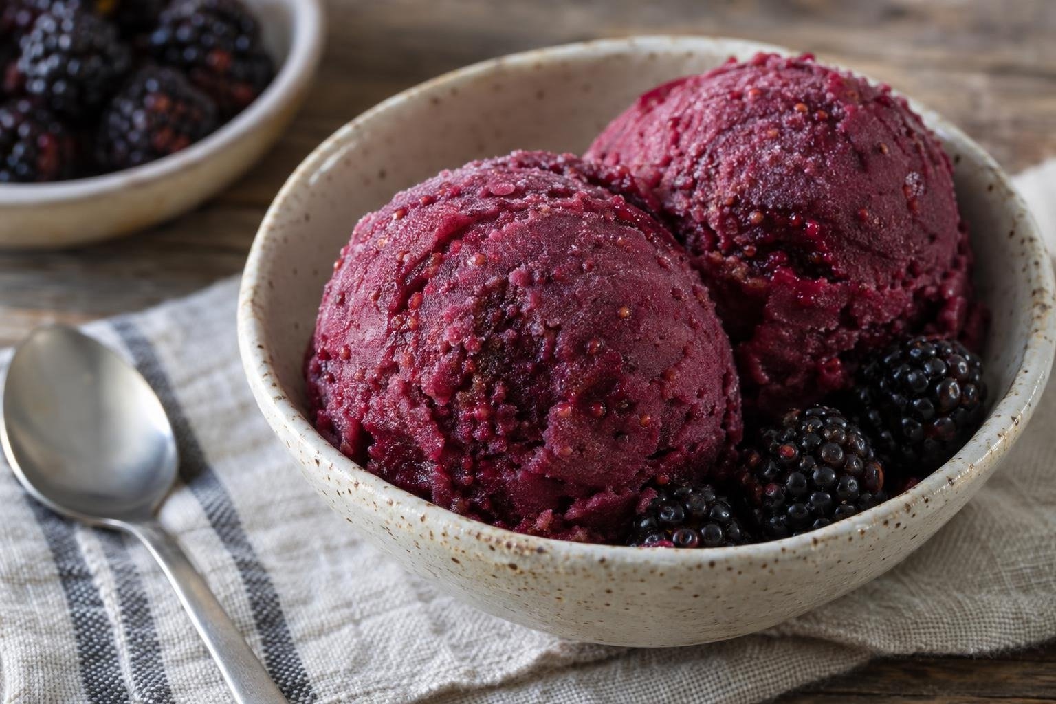 Dos porciones de helado de paila nariñense de mora, morado intenso y con algunas semillas visibles, servidas en un cuenco.