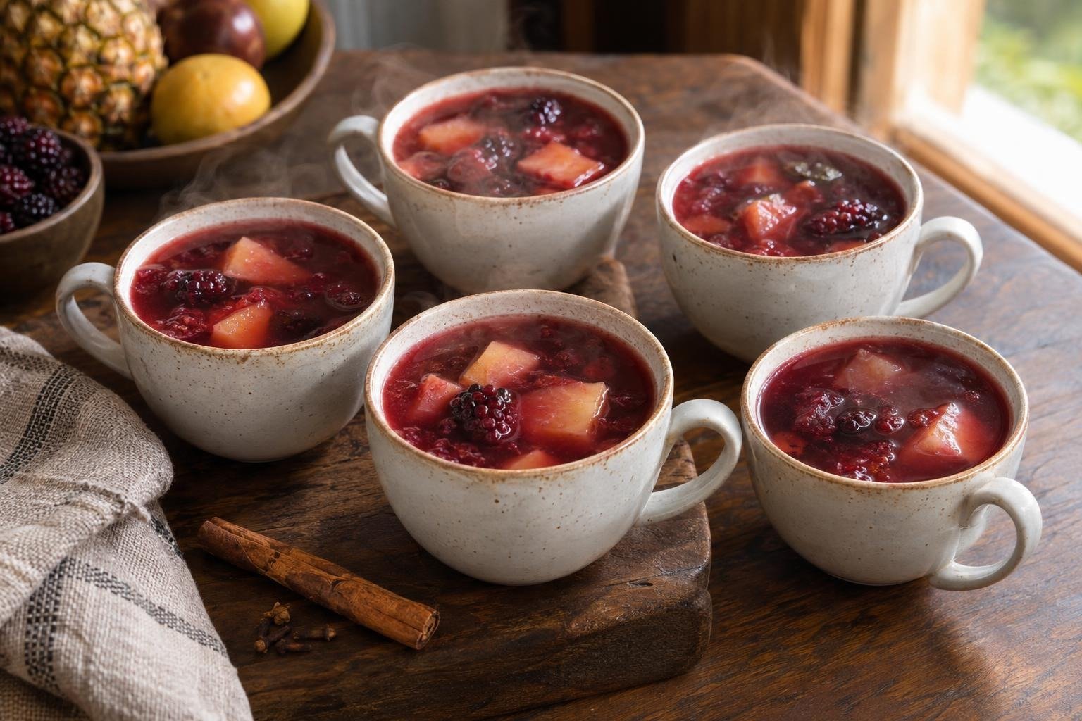 Tazas de hervido de frutas nariñense caliente con mora, piña y canela.