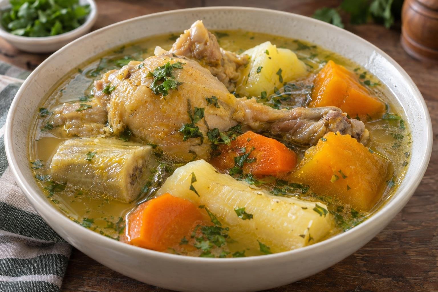 Plato hondo de hervido de gumarra llanero con gallina criolla, yuca, plátano verde, papa, zanahoria y ahuyama en caldo dorado