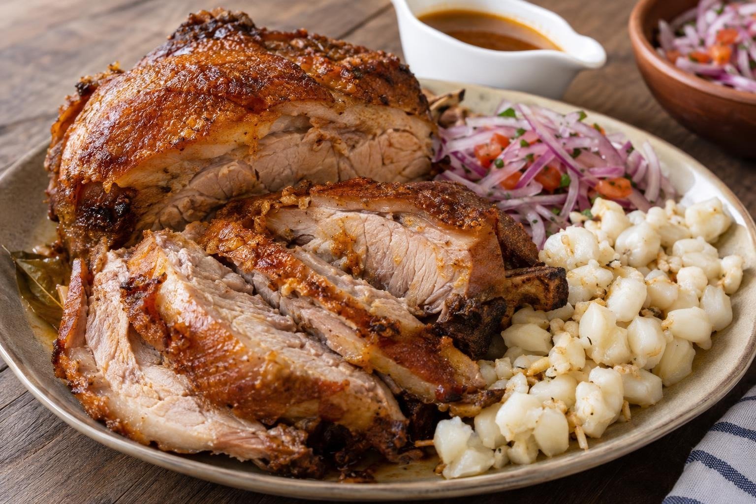Hornado riobambeño de cerdo en tajadas doradas servido con mote, curtido de cebolla y jugos del asado.
