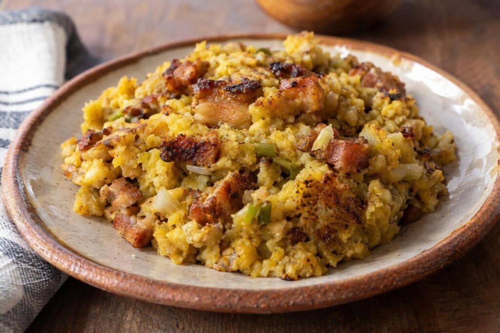Porción de Juan Valerio huilense con plátano verde machacado, chicharrón dorado, cebolla larga y ajo.