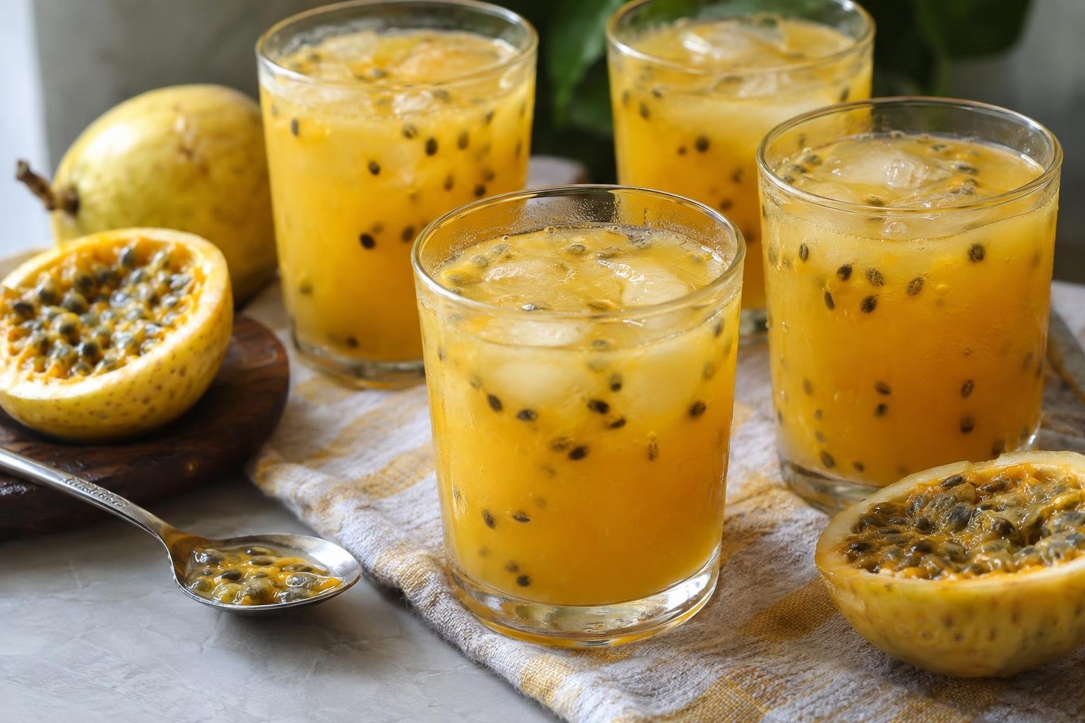 Vasos de jugo de cholupa huilense amarillo dorado con hielo y semillas visibles
