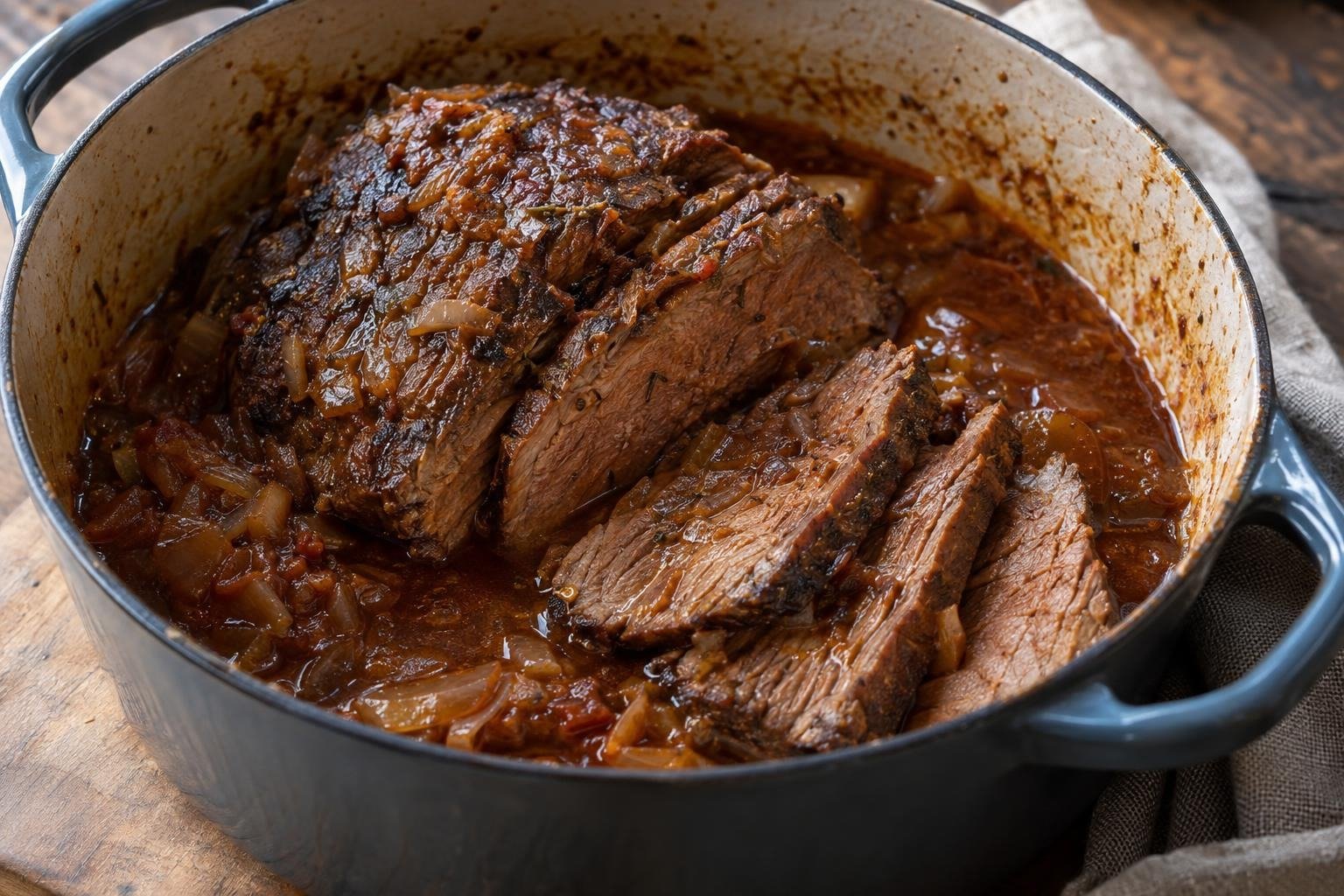 Tajadas de keperí boliviano de res al horno con salsa de cebolla, ajo y especias en una fuente.