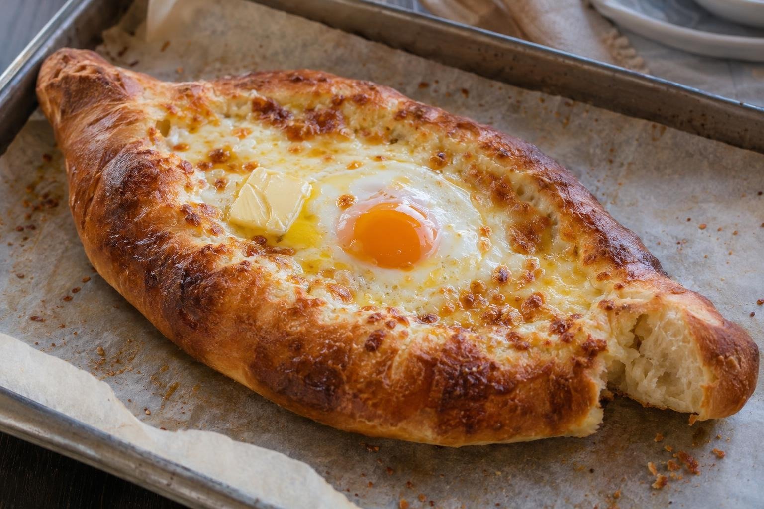 Khachapuri adjaruli en forma de barca, con queso fundido, huevo de yema cremosa y bordes dorados.