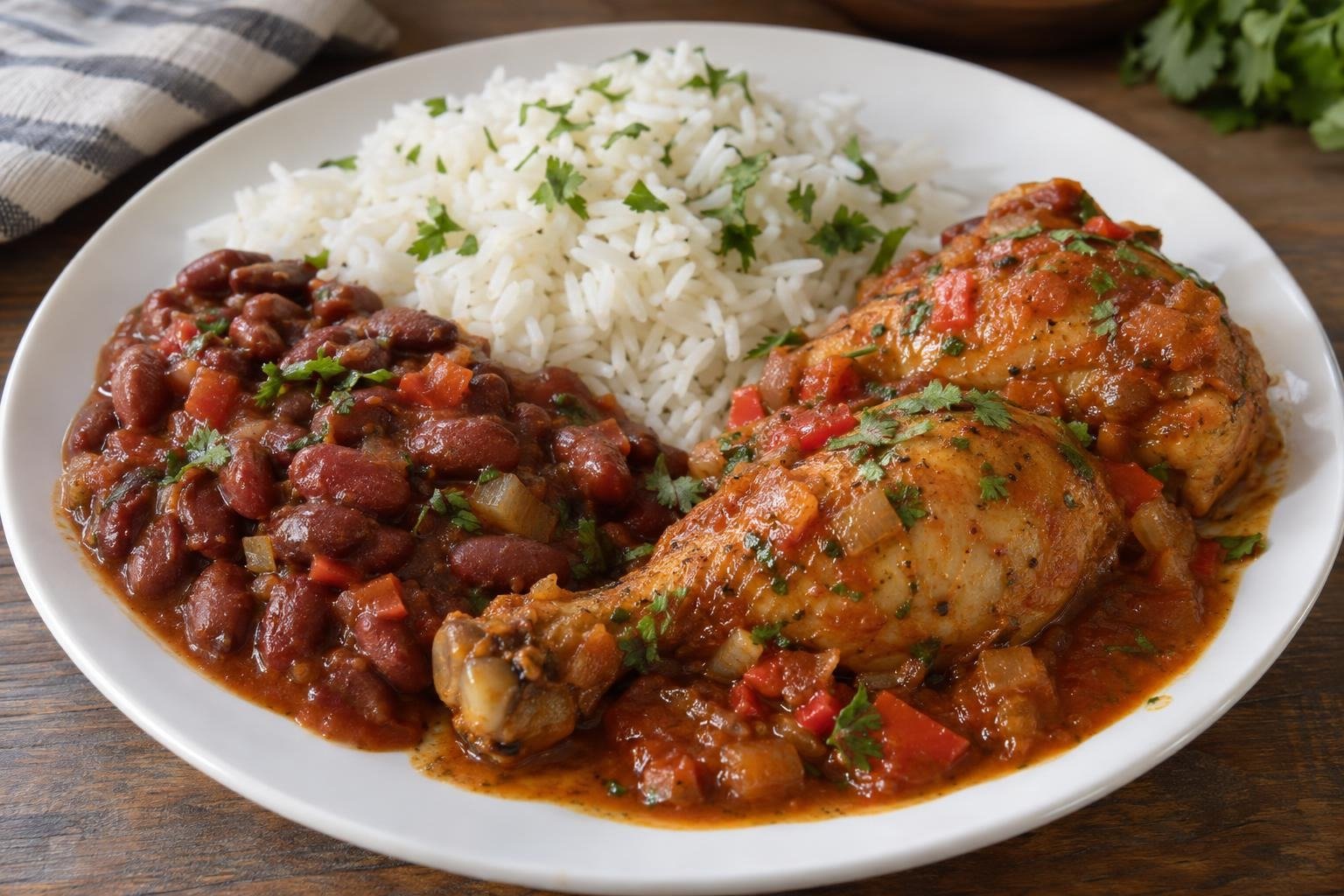 Plato de bandera dominicana con arroz blanco suelto, habichuelas rojas guisadas y pollo en salsa de tomate con vegetales.