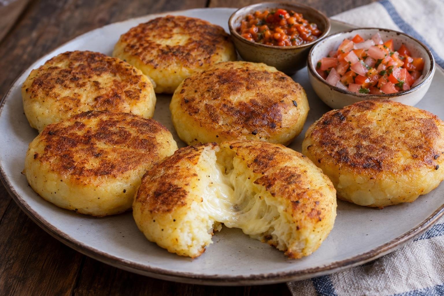 Lapingachos nariñenses de papa rellenos de queso, dorados en sartén y uno partido para mostrar el centro fundido.