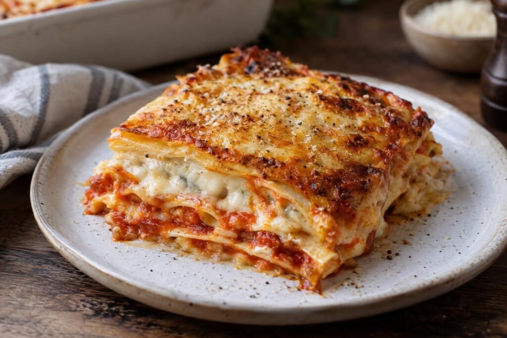 Porción cuadrada de lasaña a los tres quesos con superficie dorada, capas de pasta y crema de queso fundida