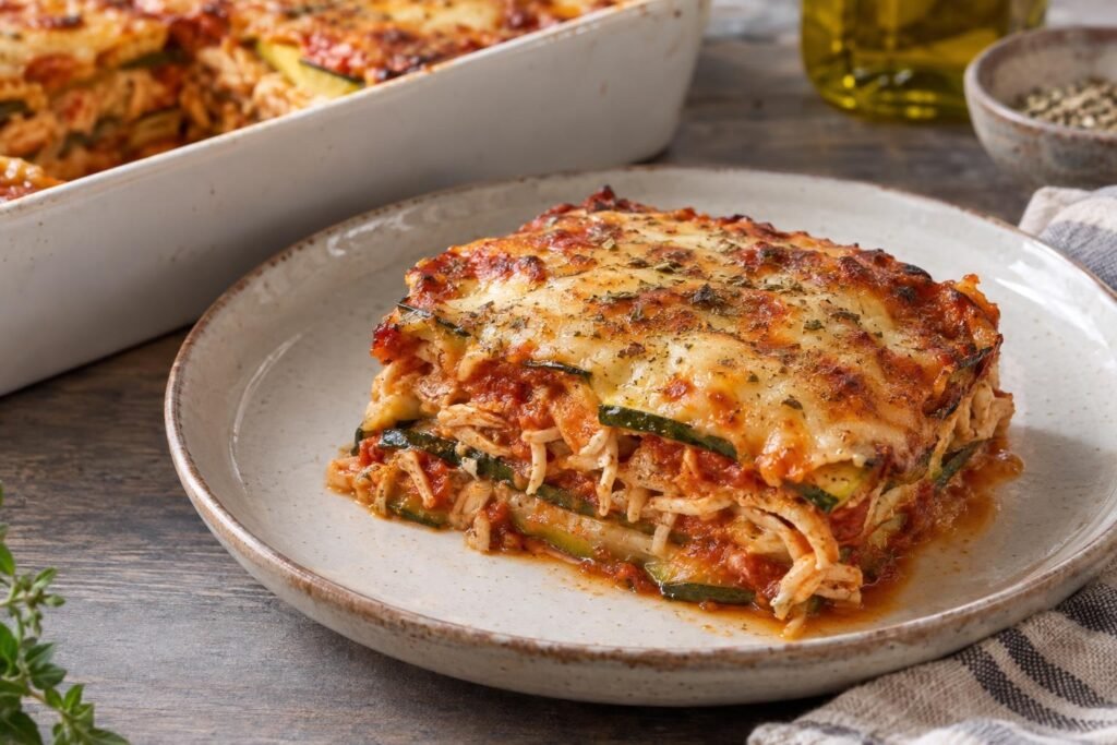 Porción de lasaña de calabacín y pollo sin pasta con salsa de tomate y queso gratinado