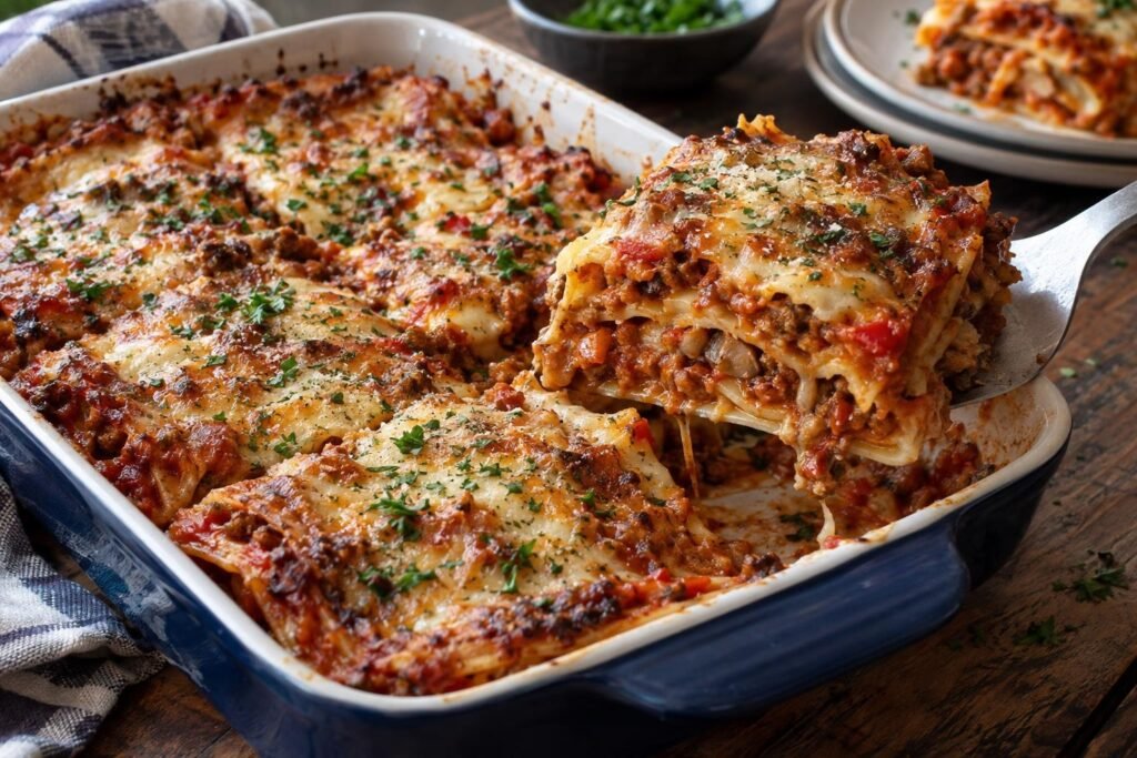 Porción de lasaña de carne y chorizo con capas de pasta, salsa de tomate, champiñones, pimientos y queso dorado.