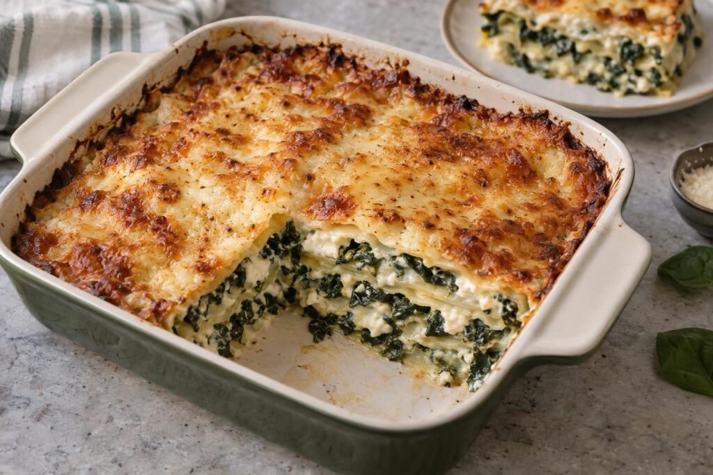 Porción de lasaña de espinacas y queso con capas de pasta, bechamel y cubierta dorada