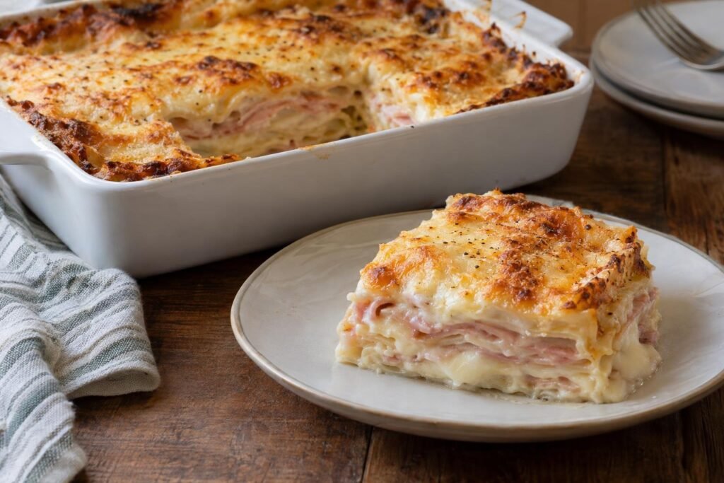 Porción de lasaña de jamón y queso con capas de pasta, bechamel y mozzarella, gratinada y servida caliente.