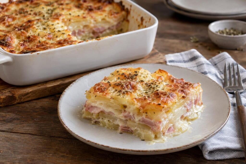 Porción de lasaña de patata y jamón con capas de queso fundido y cubierta dorada
