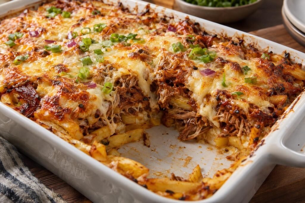 Porción de lasaña de patatas fritas con cerdo desmechado en salsa BBQ, cebolla y queso gratinado.