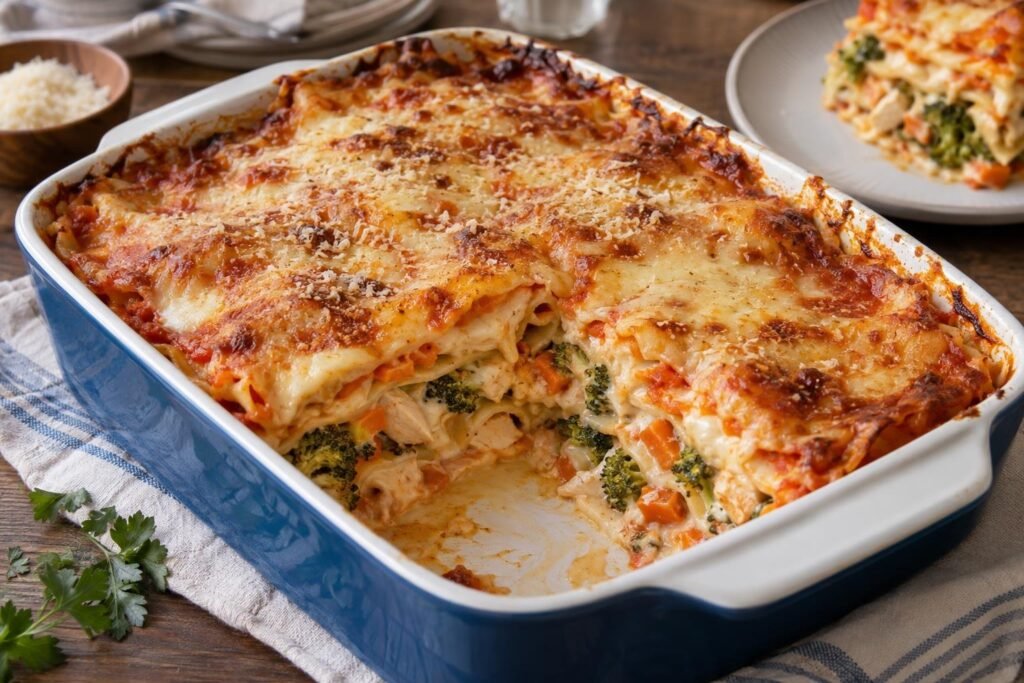 Porción de lasaña de pollo con zanahoria y brócoli, bechamel y queso dorado, servida junto a la fuente horneada.
