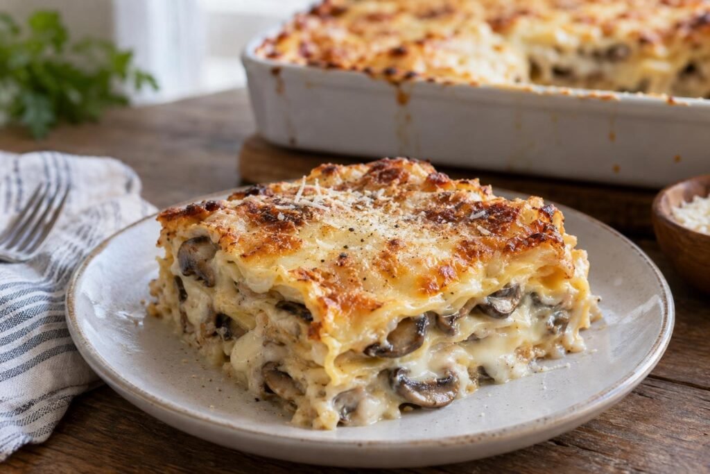 Porción de lasaña de queso con champiñones y bechamel, con capas de pasta tierna y cubierta de parmesano dorado
