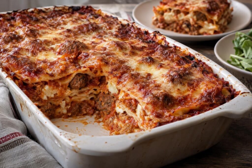Porción de lasaña napolitana con capas de pasta, salsa de tomate, carne, albóndigas, huevo cocido y queso gratinado.