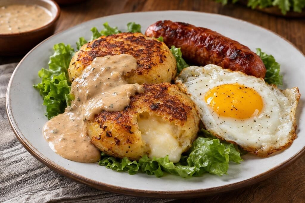 Llapingachos ecuatorianos de papa rellenos de queso con salsa de maní, huevo frito, chorizo y lechuga.