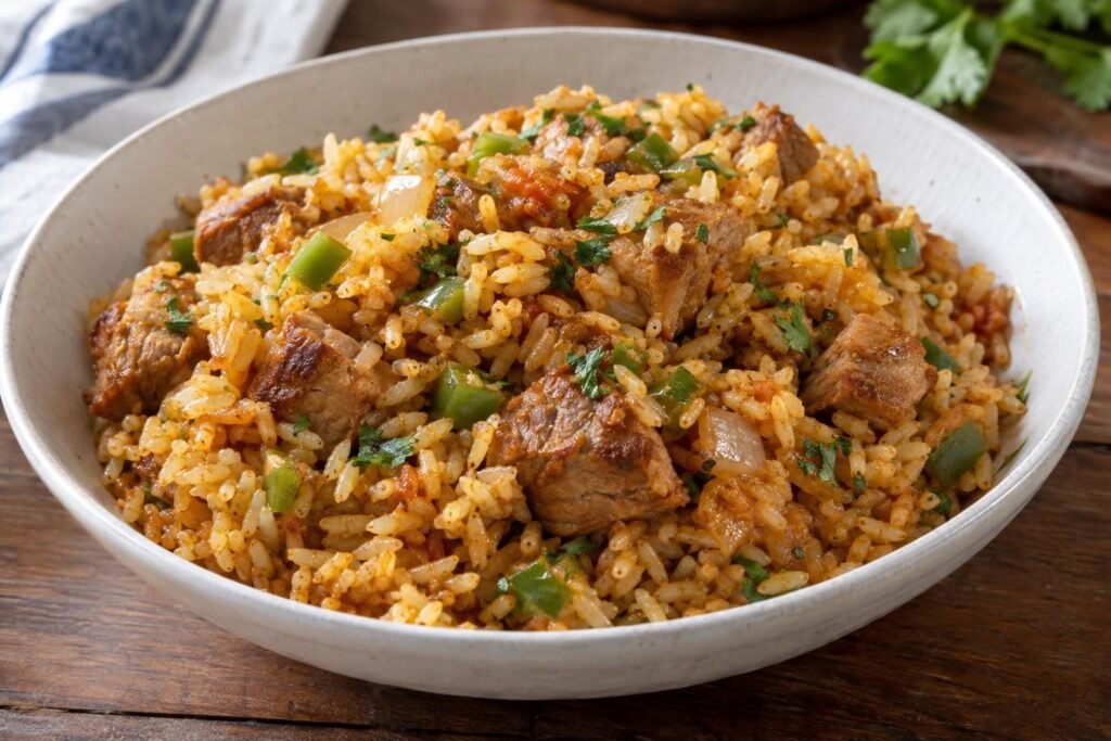 Locrio dominicano de cerdo con arroz suelto, cubos de carne dorada, pimentón, cebolla y cilantro servido en un plato.
