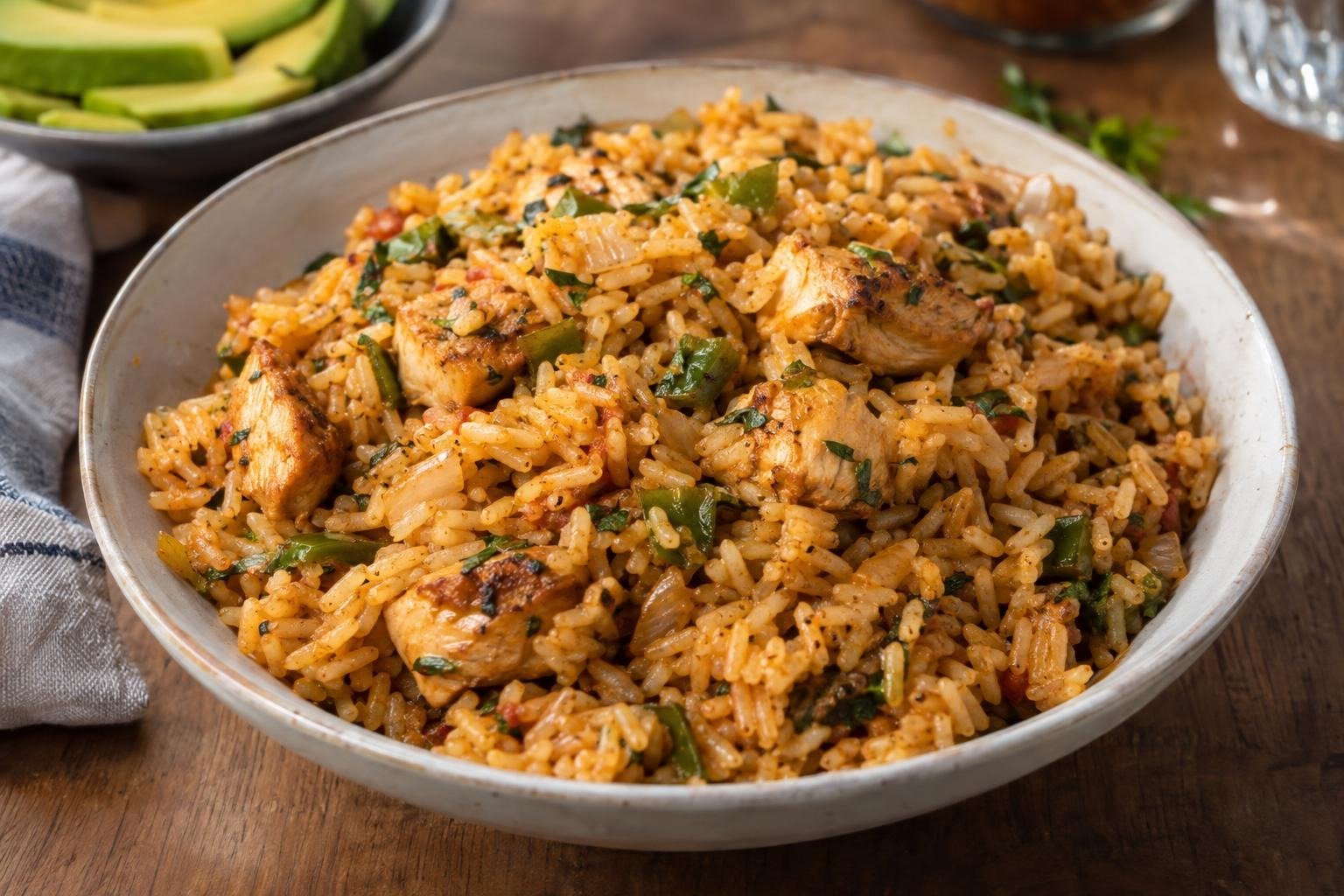Porción de locrio dominicano de pollo con arroz suelto, trozos de pollo dorado, pimentón, cebolla y cilantro
