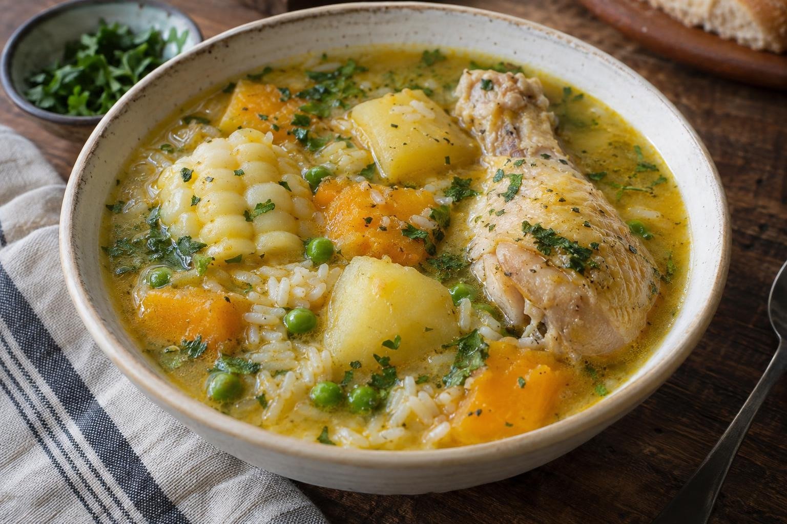 Locro de gallina boliviano en plato hondo, con arroz, yuca, papa, zapallo, choclo y una presa de gallina en caldo dorado.