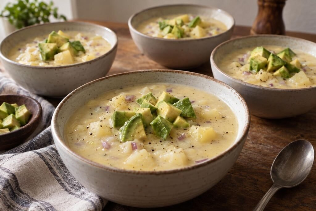 Tazón de locro de papa cremoso con cubos de papa y aguacate fresco por encima