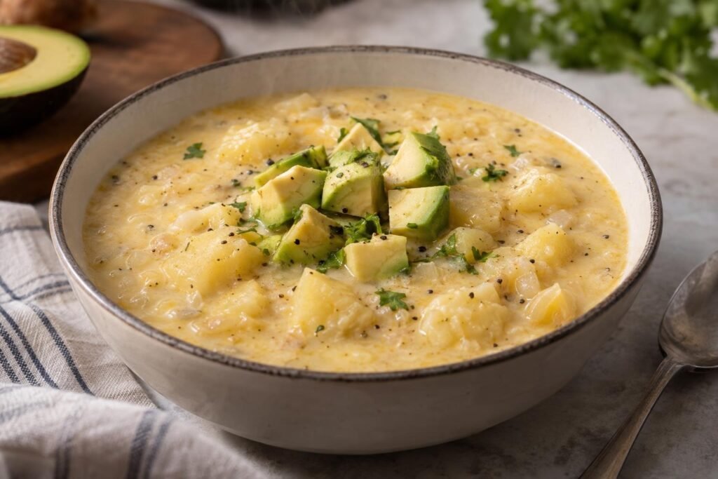 Plato hondo de locro de queso ecuatoriano con papa, queso fundido y cubos de aguacate