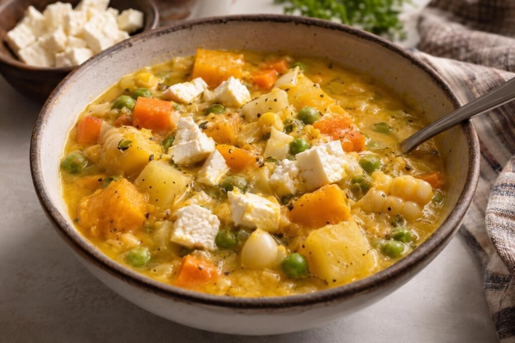Tazón de locro de zapallo peruano cremoso con papa, choclo, arvejas, ají amarillo y cubos de queso fresco.