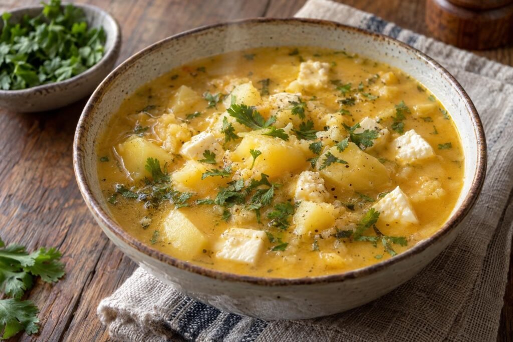 Plato hondo de locro nariñense de papa con caldo dorado espeso, trozos de papa, cubos de queso campesino y cilantro fresco.
