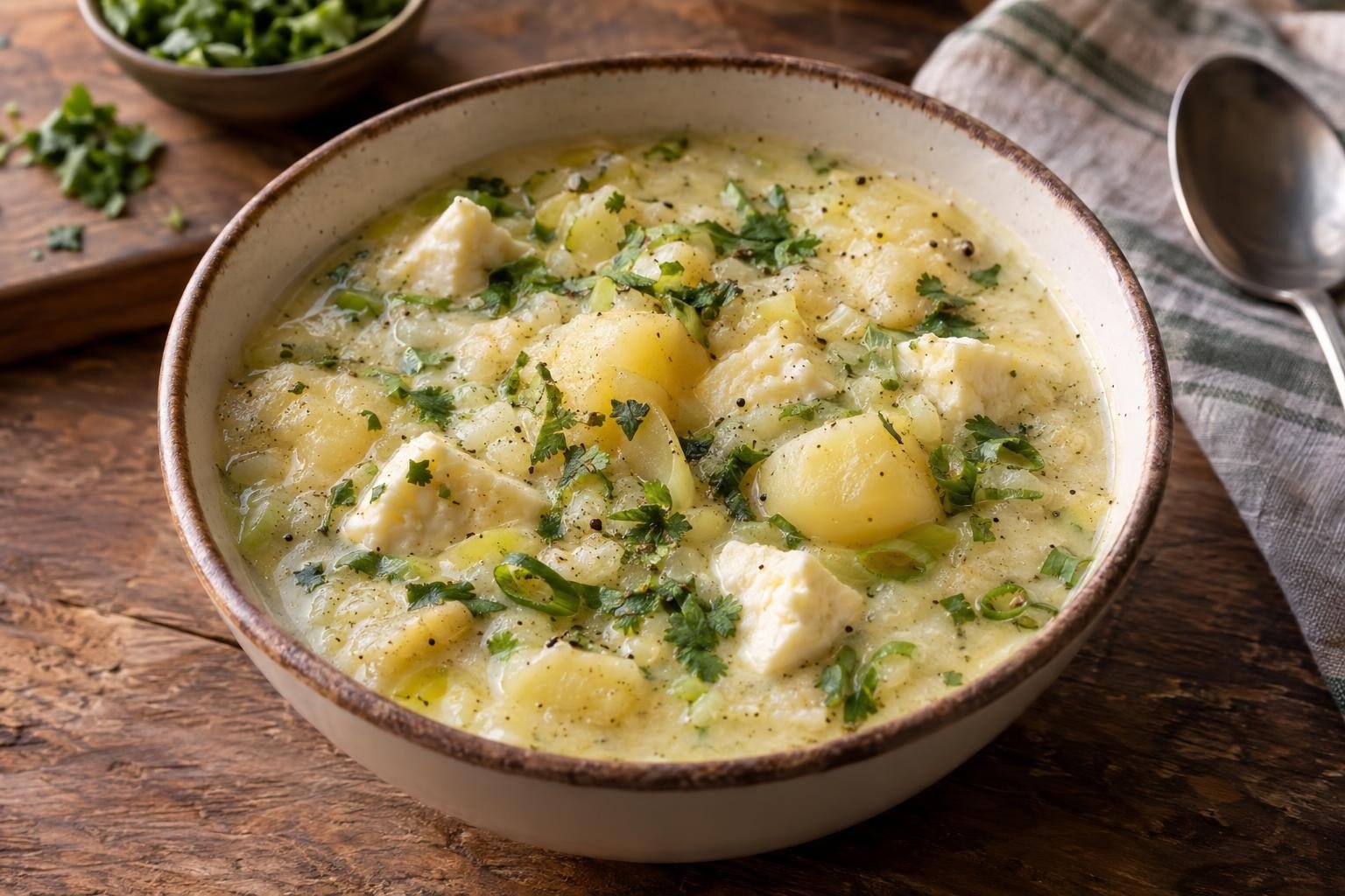 Tazón de locro nariñense espeso con papa tierna, cubos de queso campesino y cilantro fresco