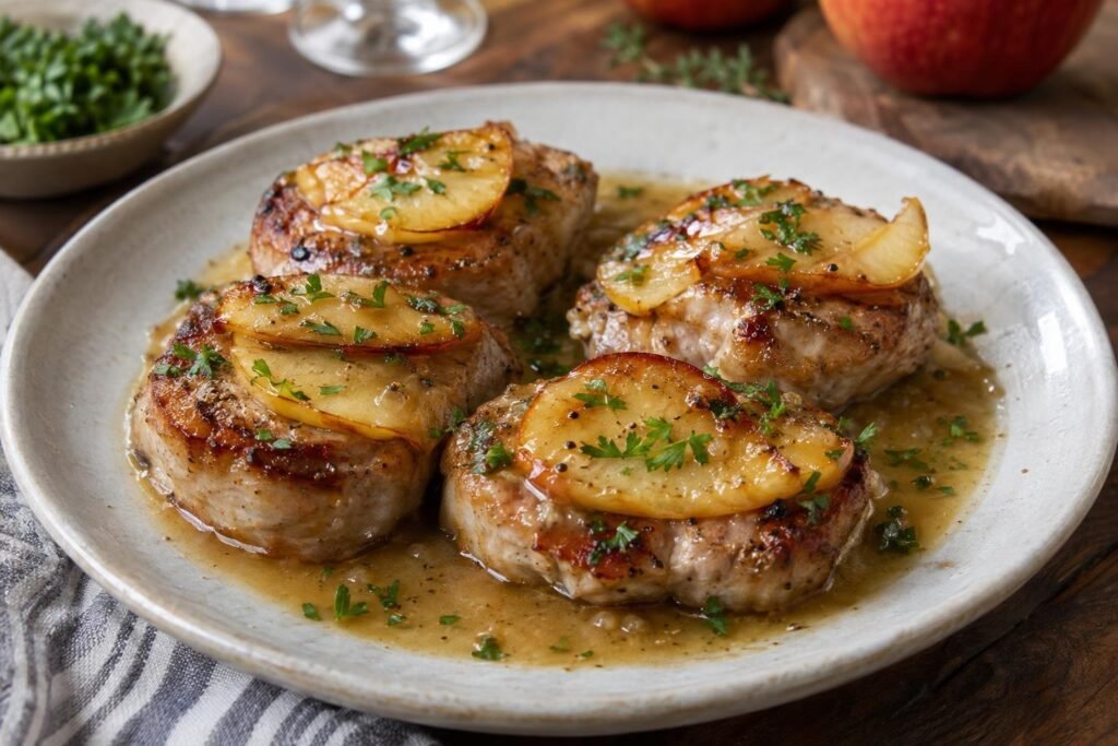 Medallones dorados de lomo de cerdo con salsa de manzana, láminas de manzana caramelizada y perejil
