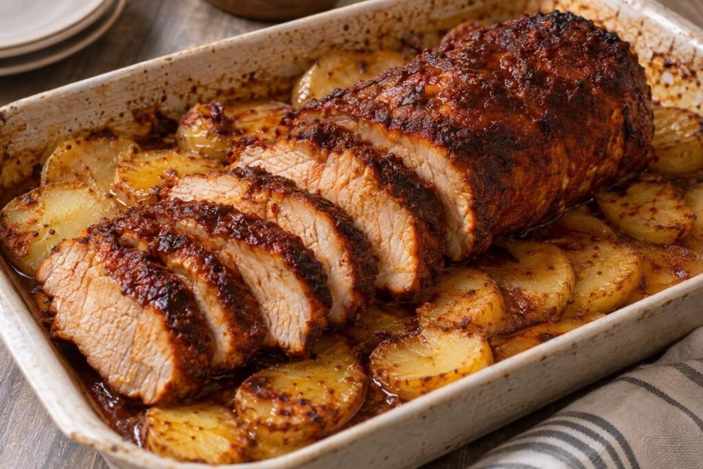Rebanadas de lomo de cerdo adobado con chile guajillo y morita sobre papas doradas al horno.