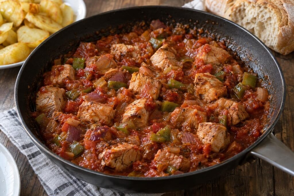Cubos dorados de lomo de cerdo en salsa espesa de tomate, cebolla, pimiento verde y ajo, servidos con papas.