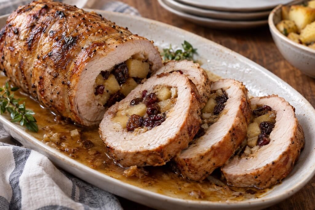 Tajadas de lomo de cerdo al horno rellenas de manzana, arándanos secos y pasas, servidas con sus jugos.