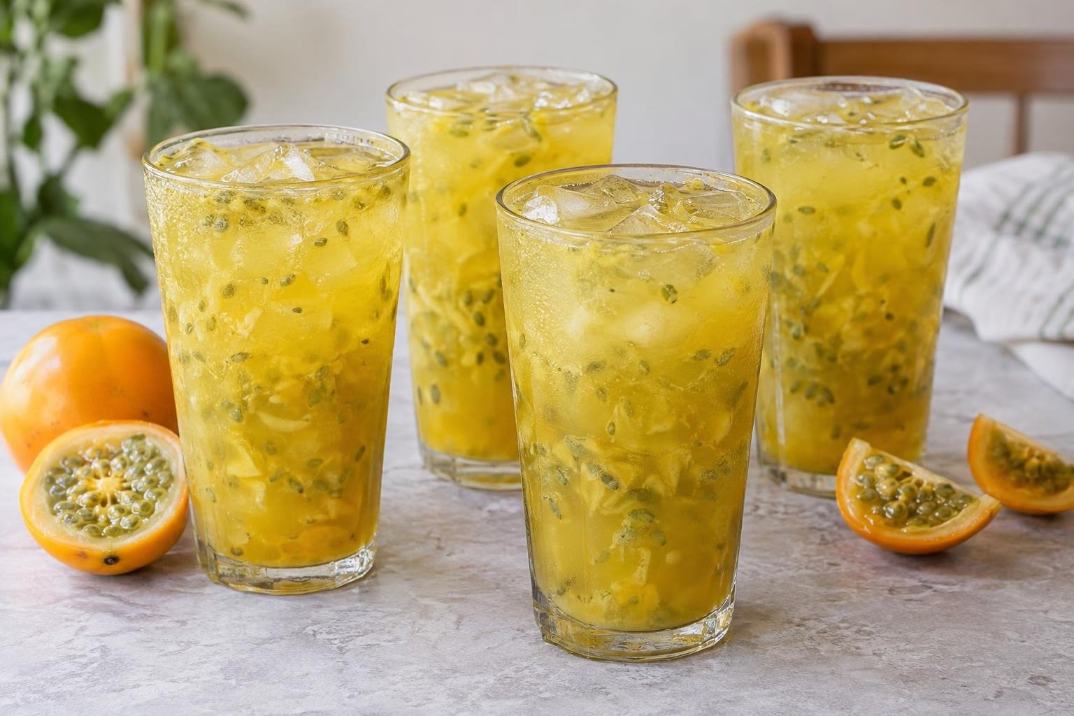 Cuatro vasos de lulada valluna con pulpa, semillas de lulo y hielo
