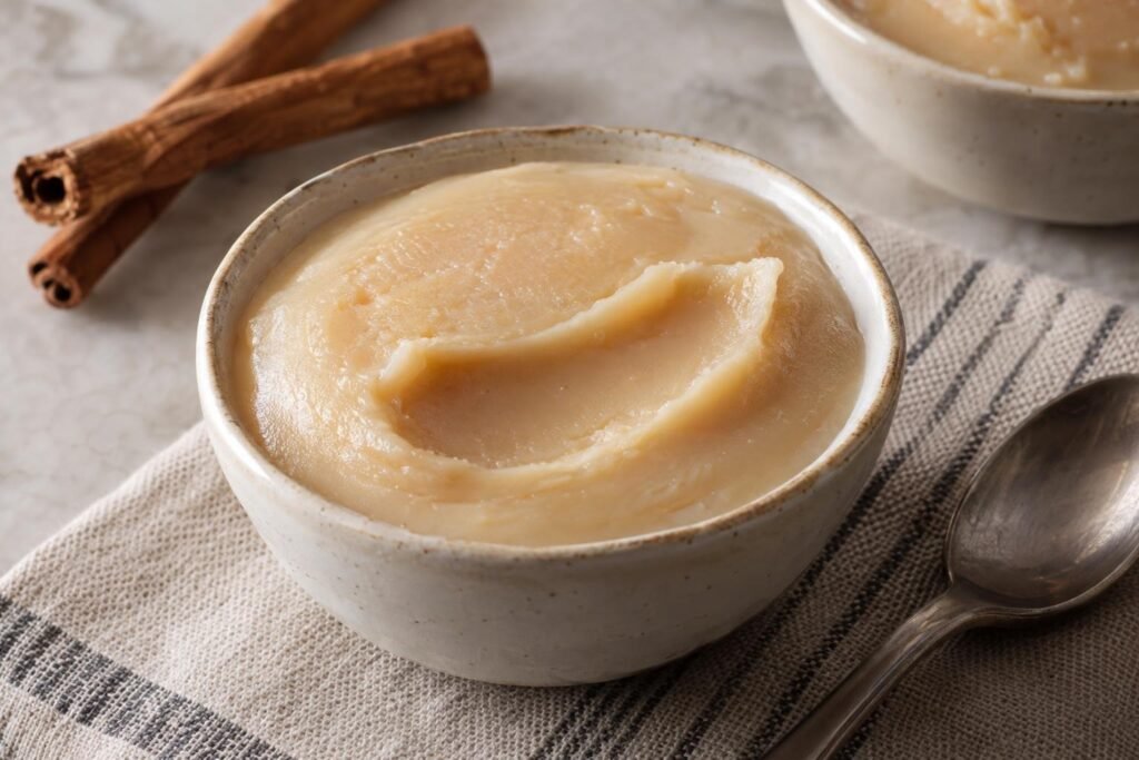Manjar blanco colombiano cremoso servido frío en un recipiente, con superficie lisa y una rama de canela.