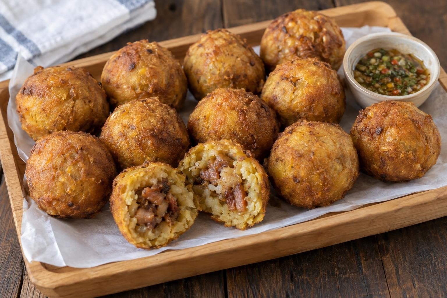 Marranitas vallunas doradas de plátano verde rellenas de chicharrón, con una unidad cortada para mostrar el interior.