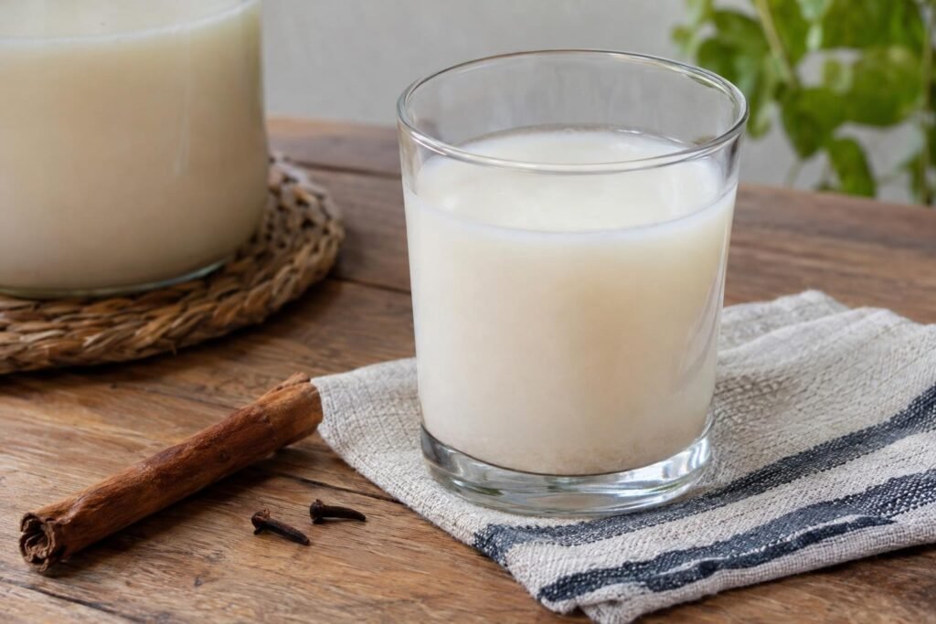 Vaso de masato de arroz colombiano cremoso y frío, con canela y clavo al lado.